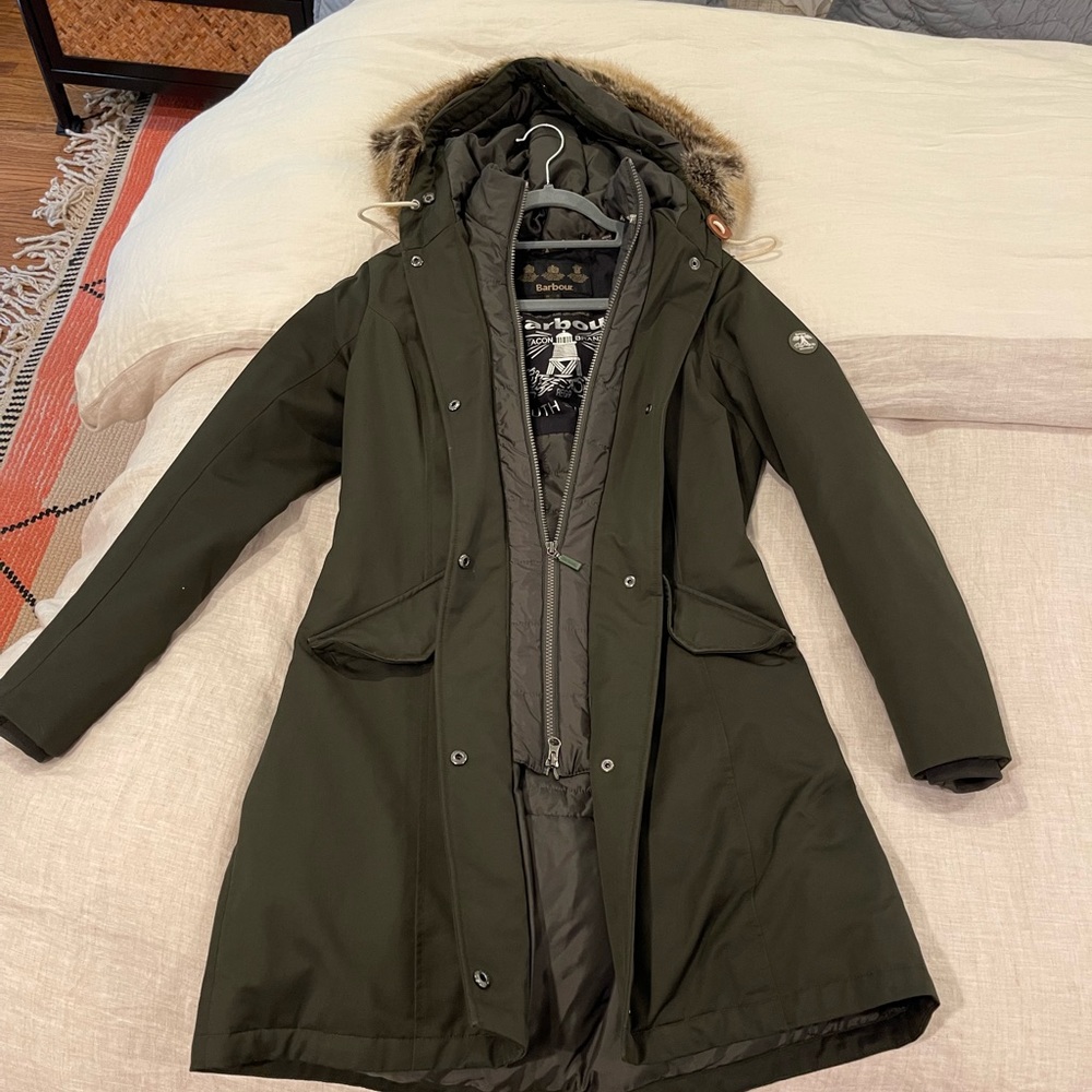 Barbour Womens Filey Faux Fur Hooded Parka Green - Size 6 US